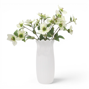 Short Marissa white ceramic vase holding white flowers and green foliage against a white background